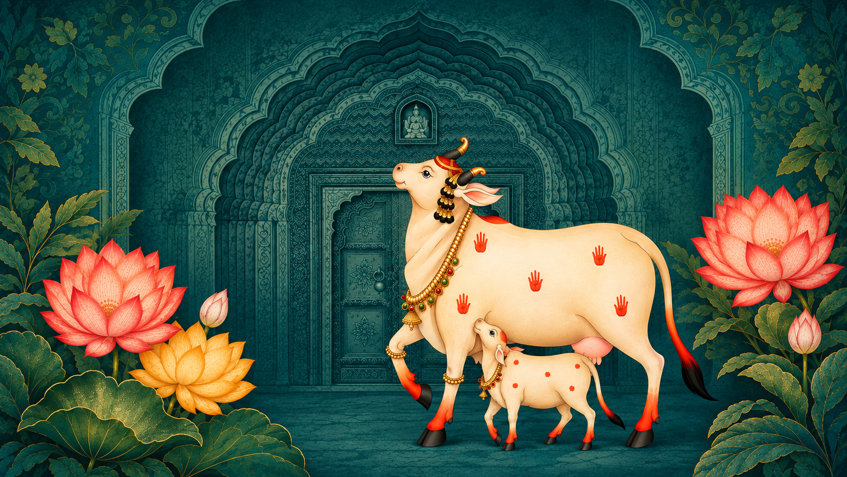 Gau Mata and calf among lotus flowers in a temple setting